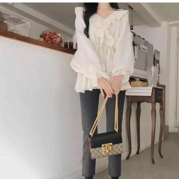 Ruffle blouse top long sleeve lightweight Summer spring top cream - Picture 3 of 3